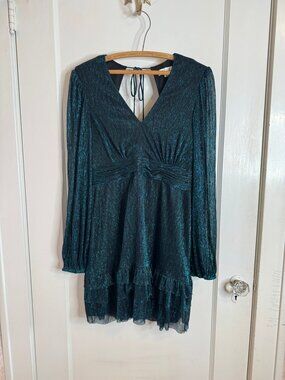 Mila Mae Blue & Black Sparkle Short Ruffle Long Sleeve Low Back Short Dress sz L